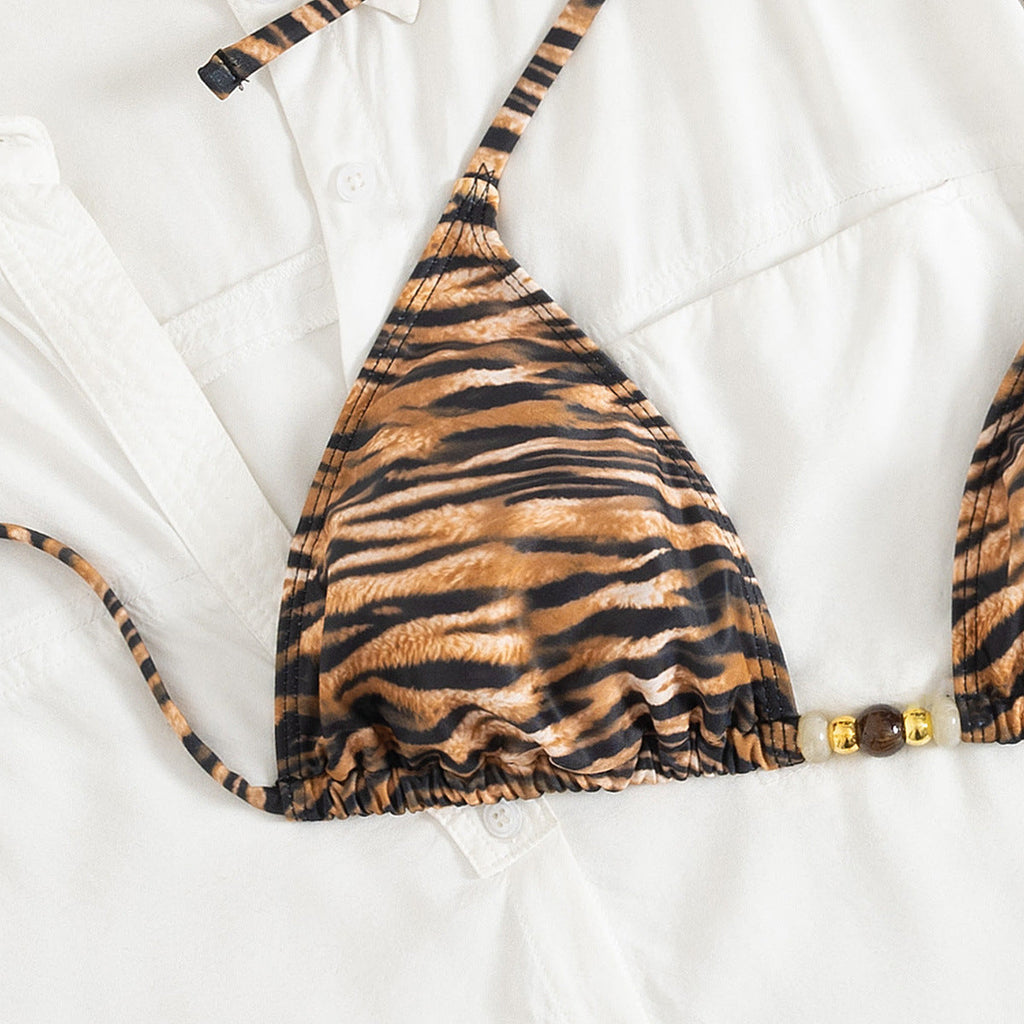 Sexy Animal Print Leopard Bikini Swimsuit with Halter Neck and Beads