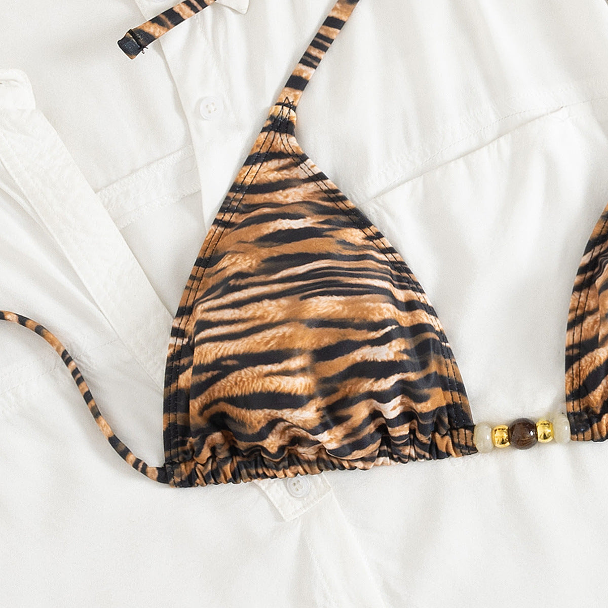 Sexy Animal Print Leopard Bikini Swimsuit with Halter Neck and Beads