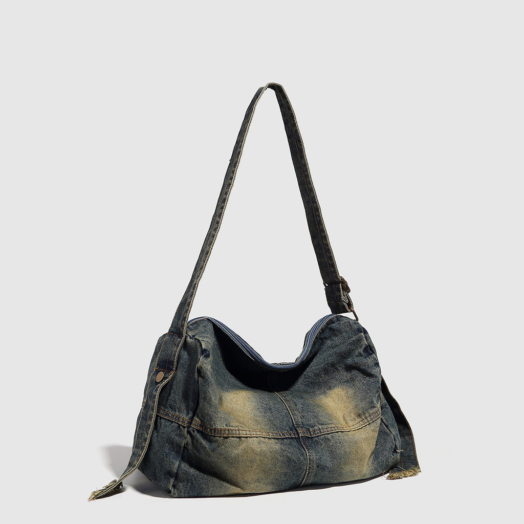 Washed old denim hobo bag, large capacity hobo shoulder bag, sweet cool babes shoulder Retro denim shoulder bag