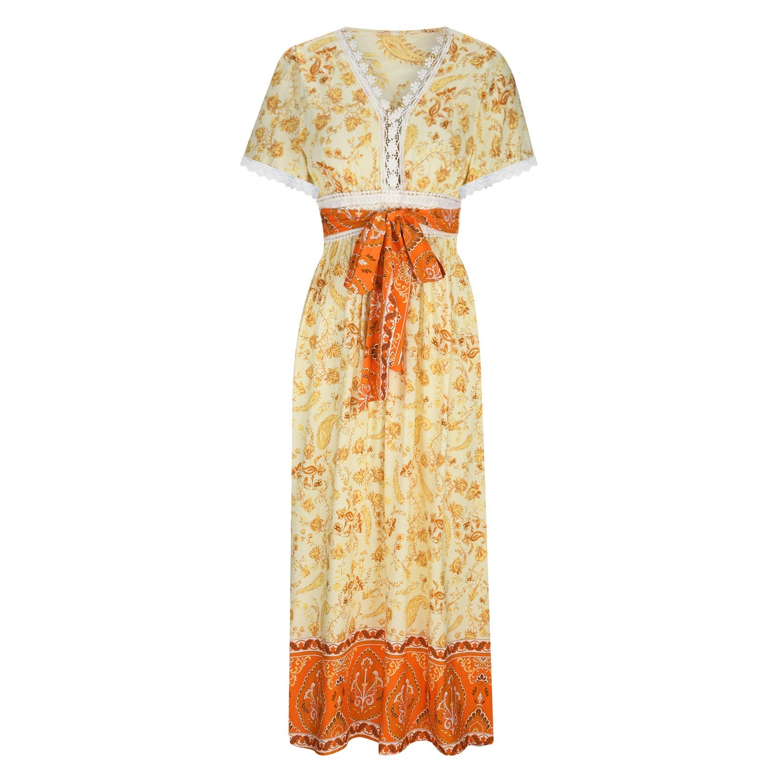 Women's Short Sleeve Lace Trim Tie-Waist Bohemian Dress Vacation Beach Dress Floral