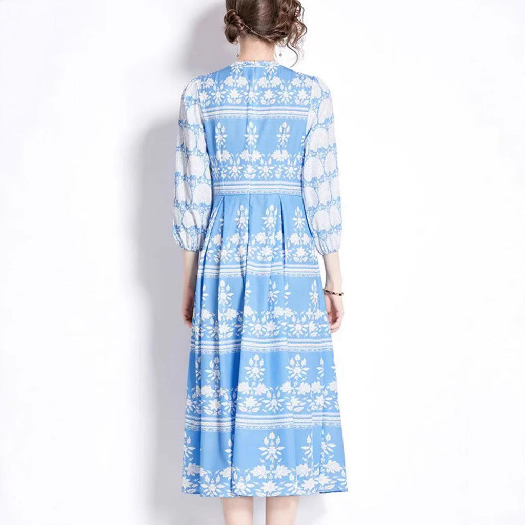 Vintage Blue Willow Print Mandarin Collar Dress - Lantern Sleeve Court Tie-Waist Flared Maxi Gown