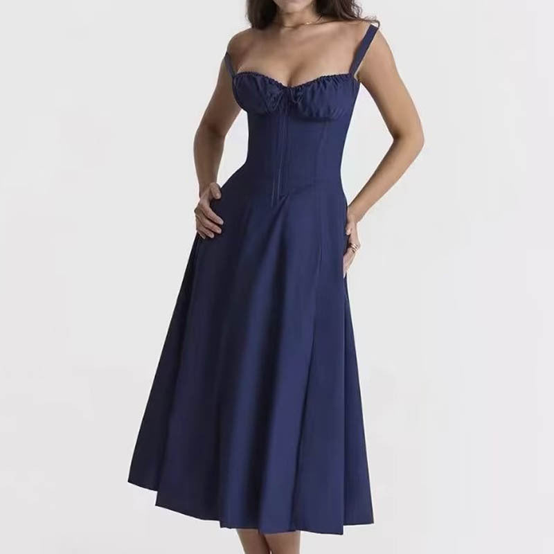 Square Neck Bustier Midi Dress - Low Cut Sleeveless Swing Sundress with Lace Trim & Spaghetti Straps