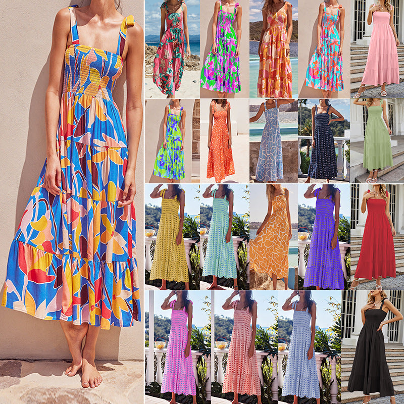 Sleeveless Floral Print Long Suspender Dress - Spice Girl Inspired A-Line Sundress for Tea Party & Casual Wear