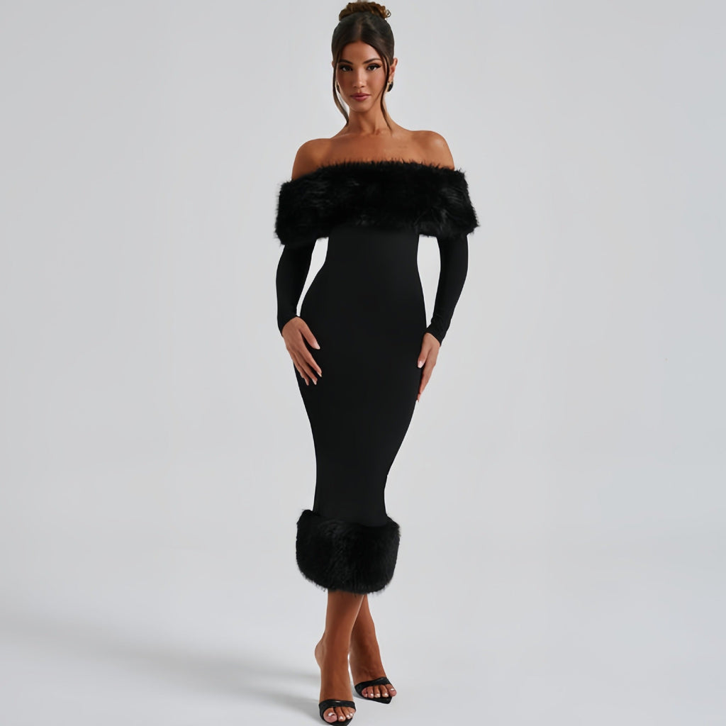 women's clothing autumn and winter fashion fur collar one-word collar long-sleeved temperament slim evening dress