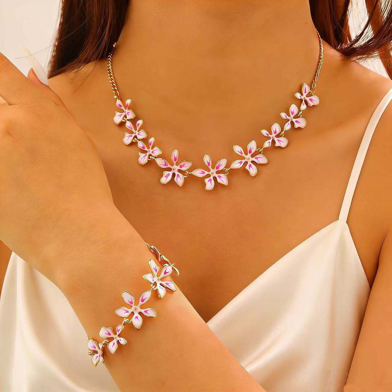 Fashion Geometric Flower 3D Vacation Style Necklace & Bracelet Set