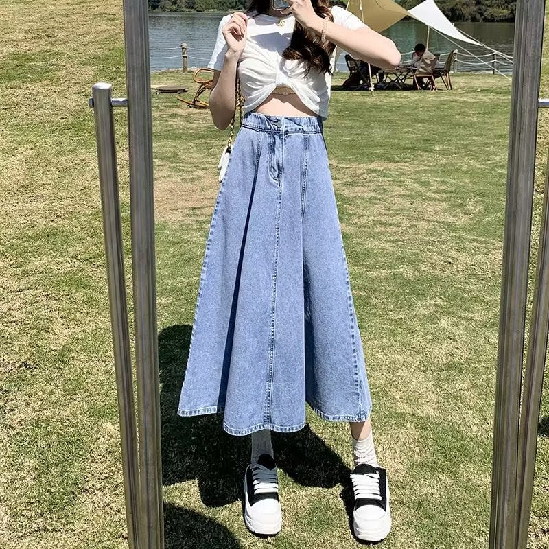 Women’s Denim A-Line Midi Skirt – Plus Size High-Waist Elastic Waist, Fall Loose-Fit Skater Skirt