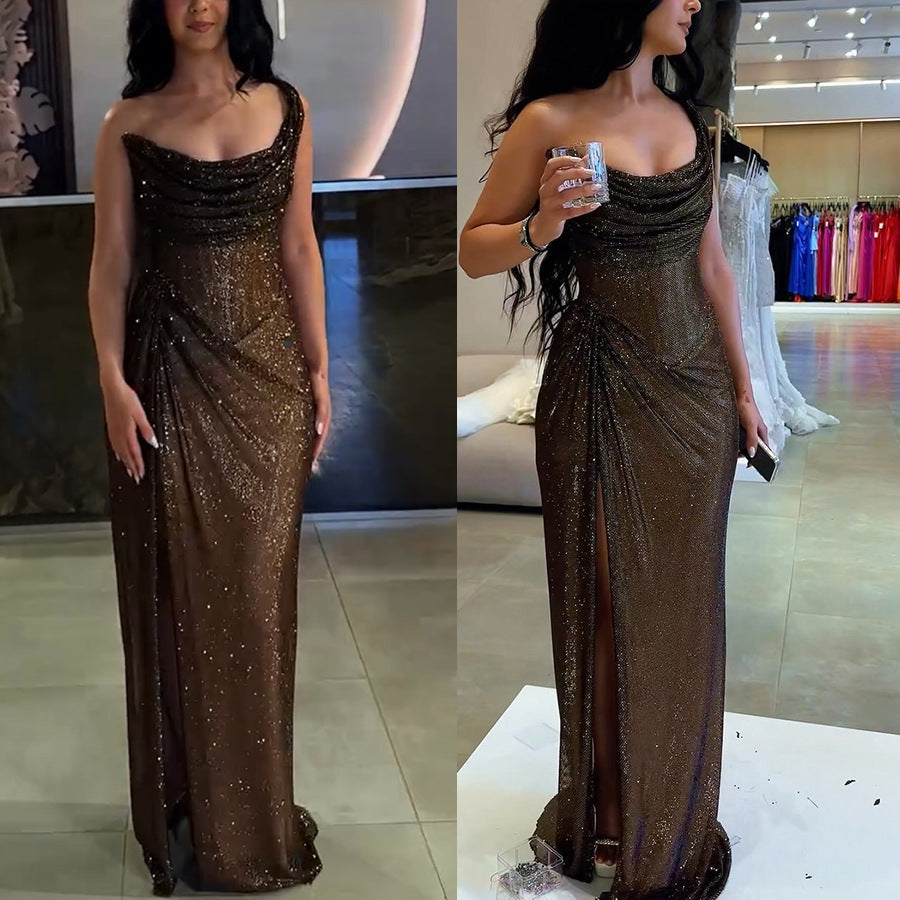 Elegant Sleeveless Off-the-Shoulder Bodycon Maxi Solid Color Chic High-End Satin Slip Dress