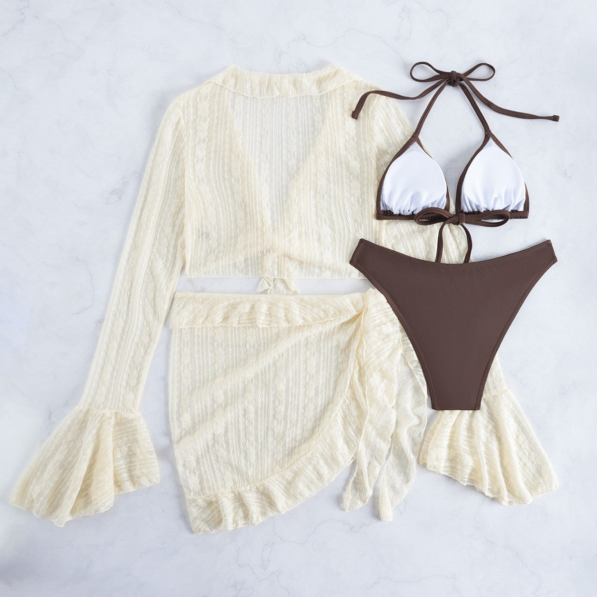Long Sleeve Cover Up Triangle Apron Four Piece Bikini Lace Swimsuit Women's Swimwear Set