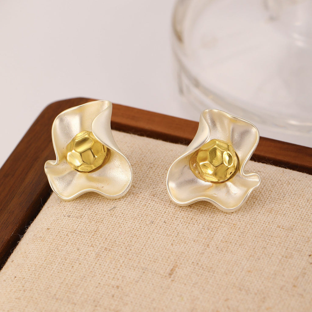 Luxury Matte Wavy Petal Earrings with Geometric Gold Ball Unique Design