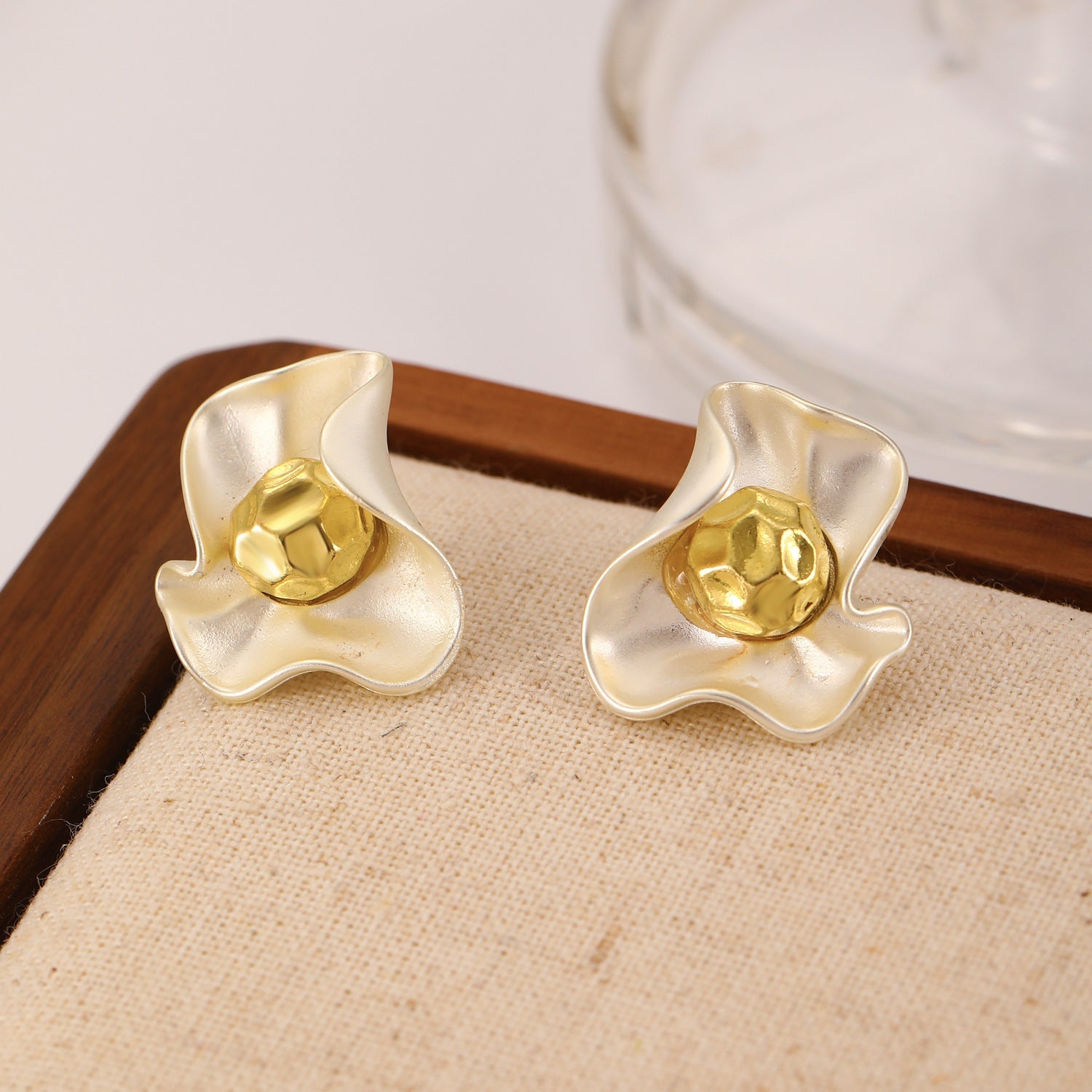Luxury Matte Wavy Petal Earrings with Geometric Gold Ball Unique Design