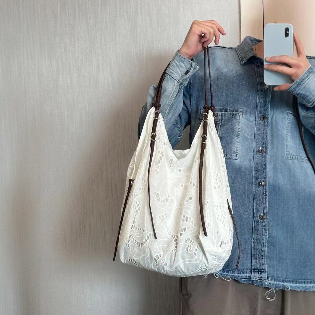 White large capacity hobo purse, embroidered shoulder bag, tote bag, commuter shoulder bag