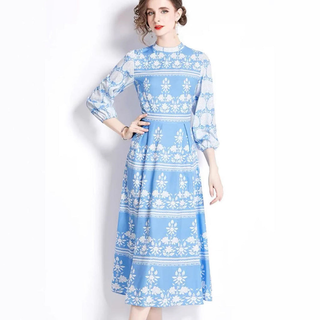 Vintage Blue Willow Print Mandarin Collar Dress - Lantern Sleeve Court Tie-Waist Flared Maxi Gown