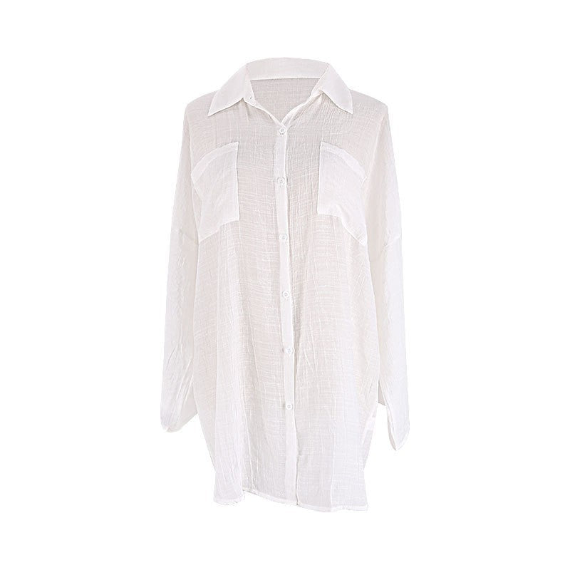 Slub Fabric Shirt-Style Beach Cover-Up ¨C Sun Protection Shirt, Vacation Swimsuit Beach Dress