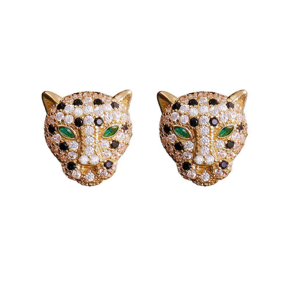 Hip Hop Leopard Head Pendant Necklace & Earrings Set Paved Zircon Luxury Jewelry