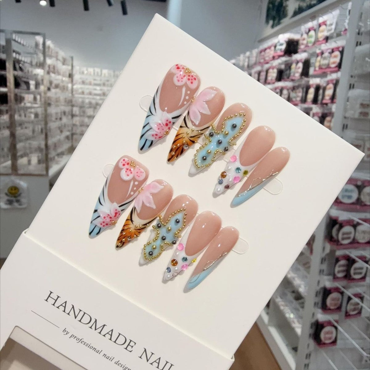 Carved Hand Painted Colorful Handmade Press on Nails