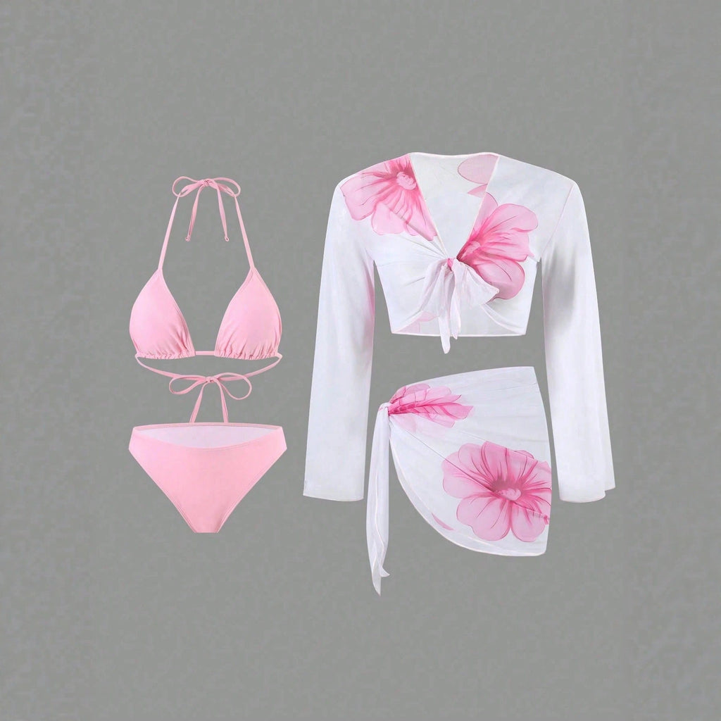 Long Sleeve Apron Women's Swimsuit Printed Bikini 4