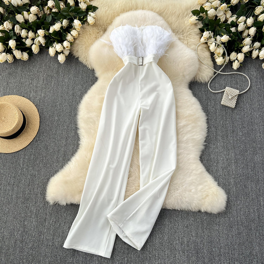 Premium Summer Gown – Socialite Style Feather Trim High-Waist Strapless Jumpsuit, Sexy Bodycon Romper