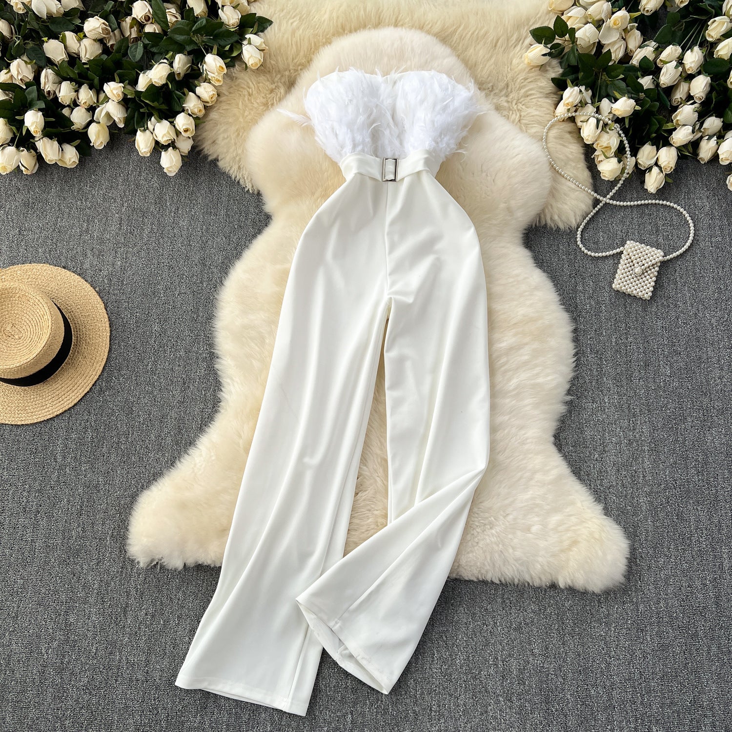 Premium Summer Gown – Socialite Style Feather Trim High-Waist Strapless Jumpsuit, Sexy Bodycon Romper