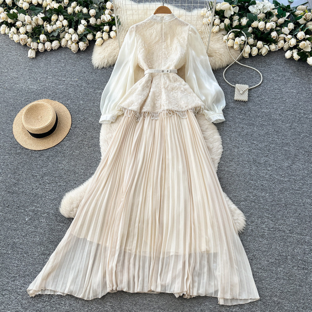 Premium Beaded Lantern Sleeve Tassel Dress –Tie-Waist A-Line Midi, Office Elegant Shift Dress