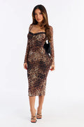 Leopard print contrasting lace low-cut tether slim-fitting sexy dress