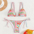 Printed Triangle Sexy Split Swimsuit Three Points Beach Bikini Female Neck-Tie Halter Bikini W Random Flower