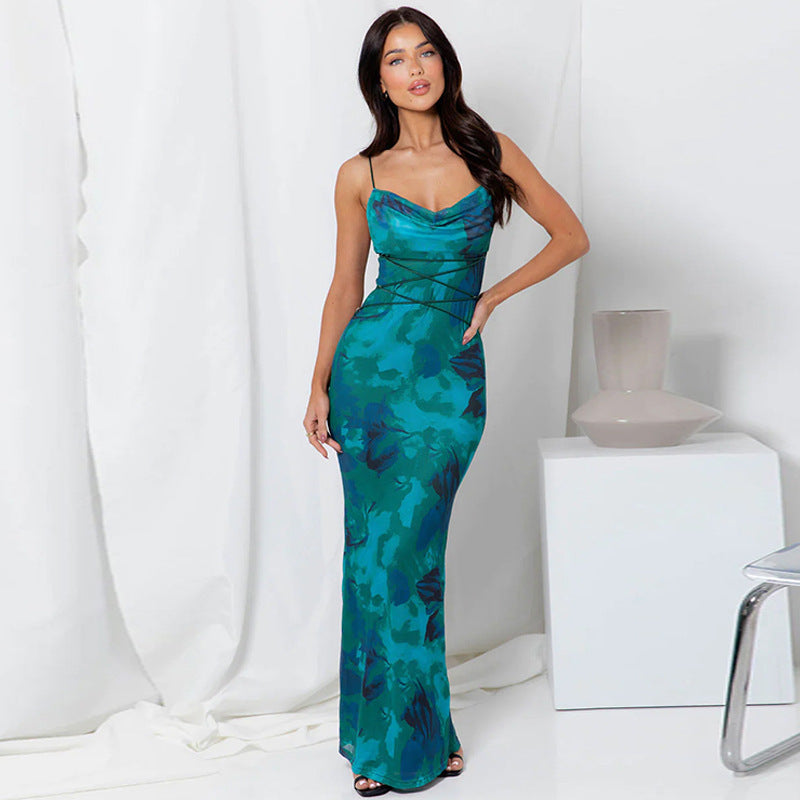 Women's Summer Sexy Backless Tie-Waist Bodycon Printed Spaghetti Strap Dress