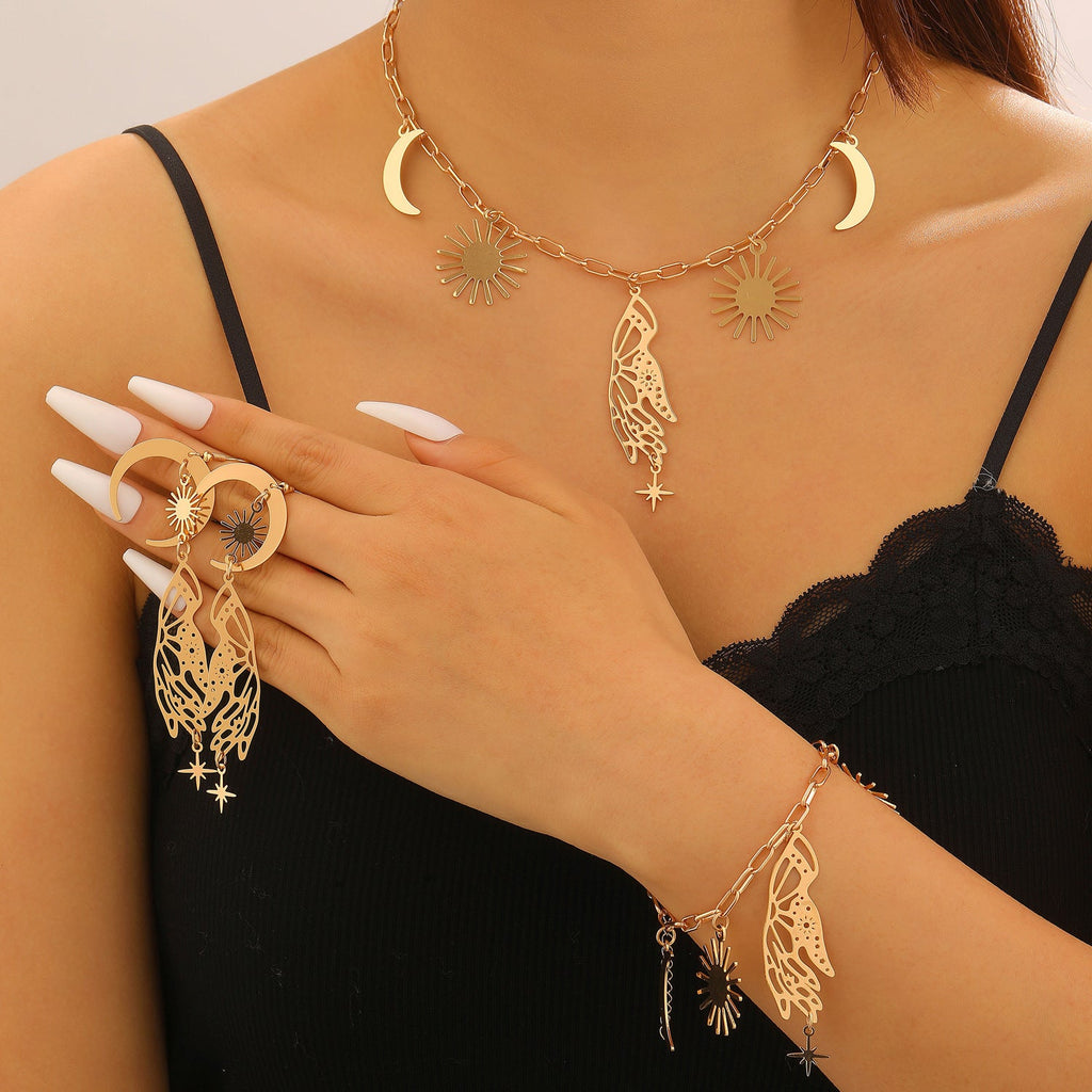 Bohemian Sun Moon Star Wing Tassel Earrings Necklace Bracelet Set
