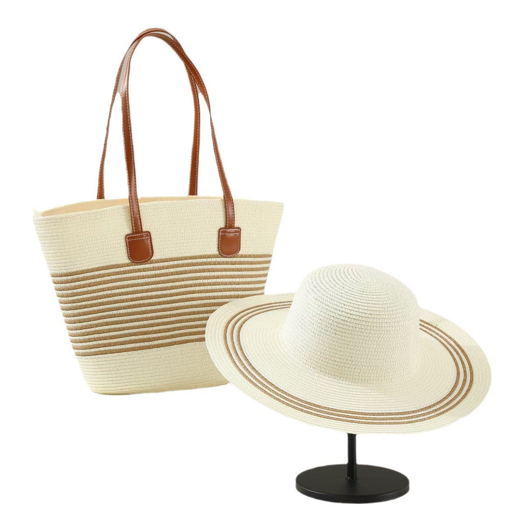 Straw Hat & Tote Two-Piece Set – Wide-Brim Beach Duo, Large Capacity Striped Vacation Kit