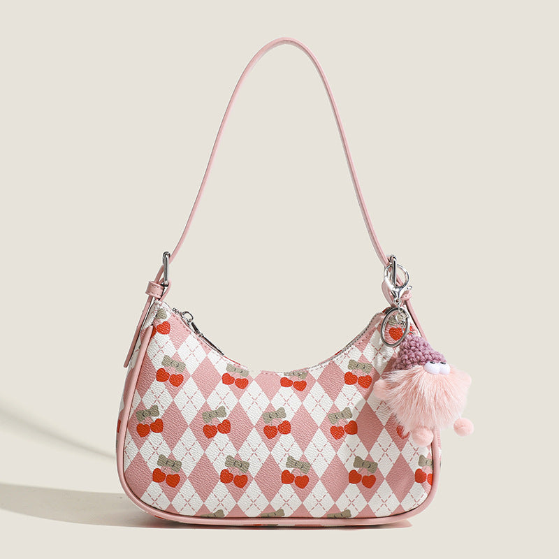 Small versatile shoulder bag, cute cherry pattern shoulder bag, top handle bag, crescent bag  hobo