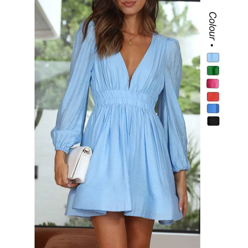 Skinny Deep V-Neck Waist Pleated Mini Dress - Long Sleeve Bodycon Short Dress