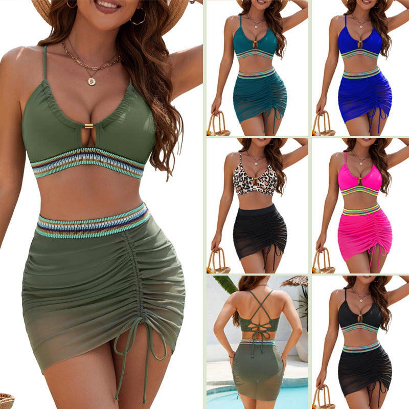 Women's Solid Color Sexy Mesh Patchwork Two-Piece Bikini Swimsuit