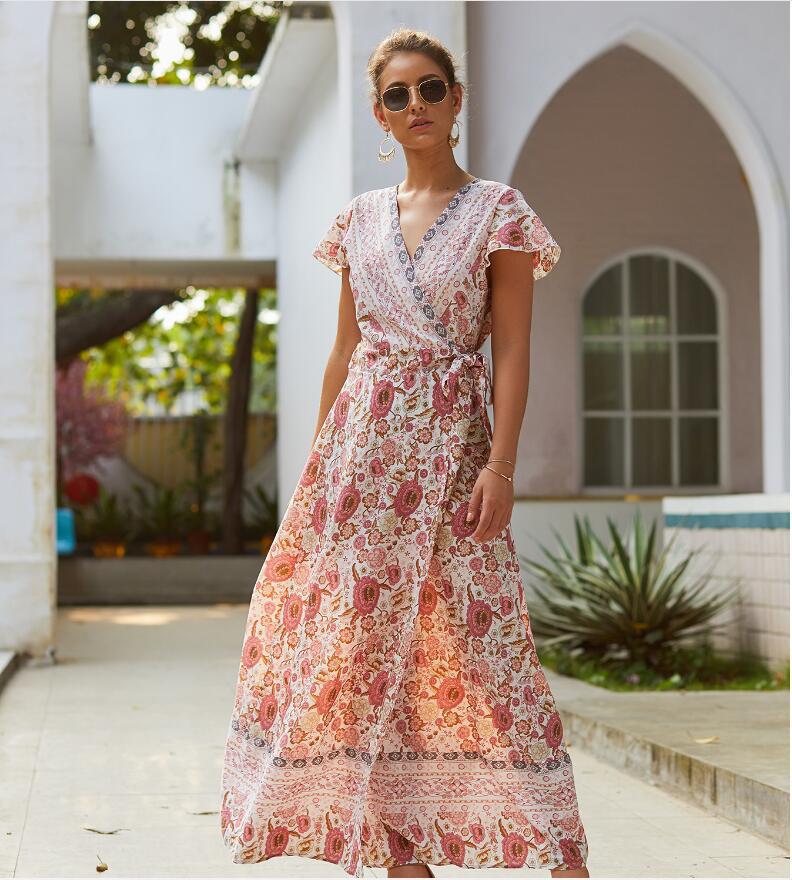 Casual vacation printed dresses lace-up big pendulum showing thin short sleeves