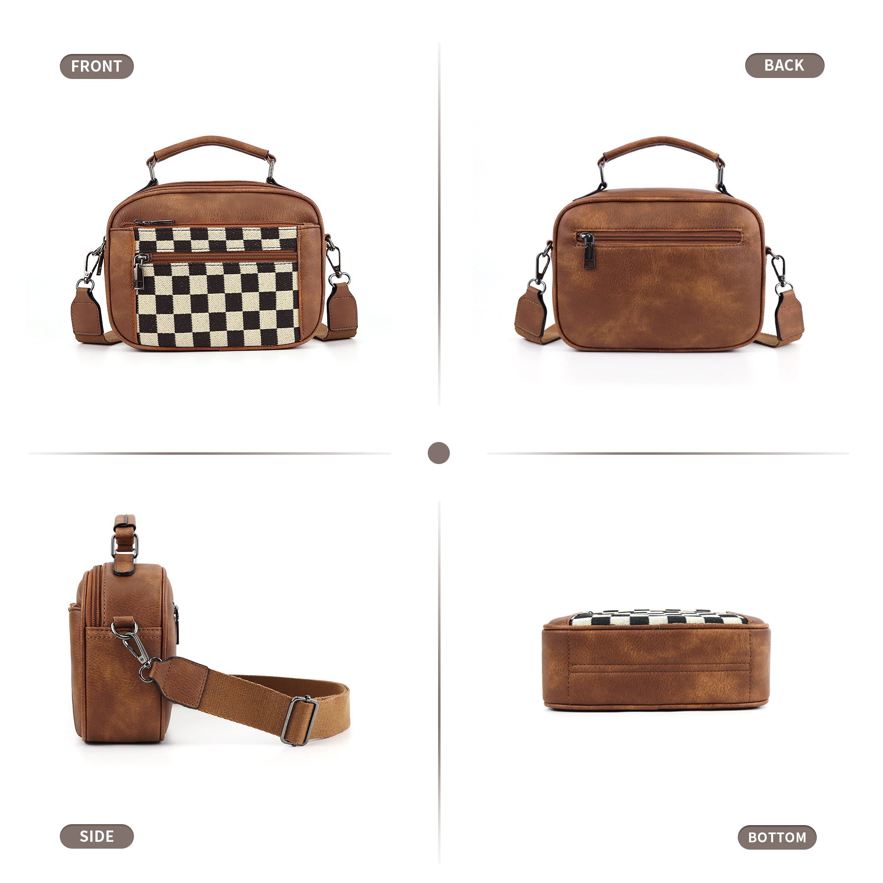 Chessboard double zipper small crossbody bag,Tote small crossbodyPU square bag, Small Crossbody Purse for Women Triple Zip,