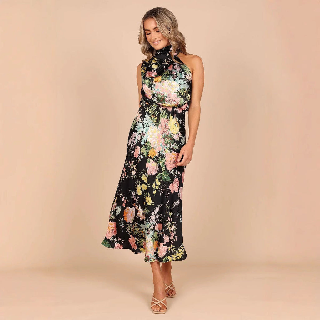 Women's Summer Sundress - Sexy Halter Sleeveless Satin Dress with Elastic Waist & Ruffle Trim