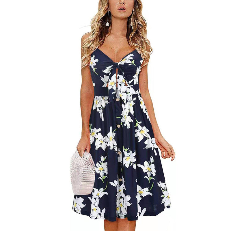 Women's Bow Backless Spaghetti Strap Printed Dress Versatile