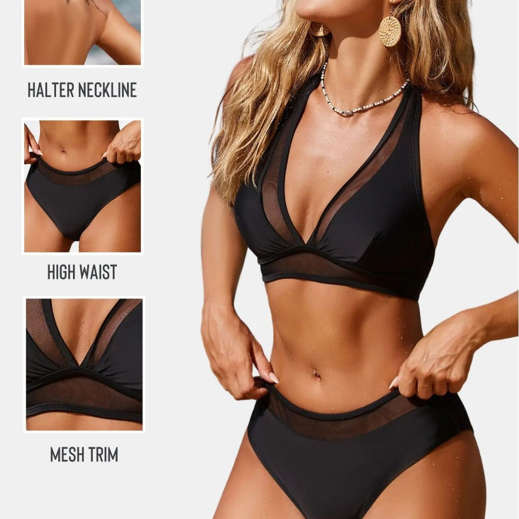 Mesh Panel Two Piece High Waist Bikini Halter Neck Sexy Slim Solid Color Bikini