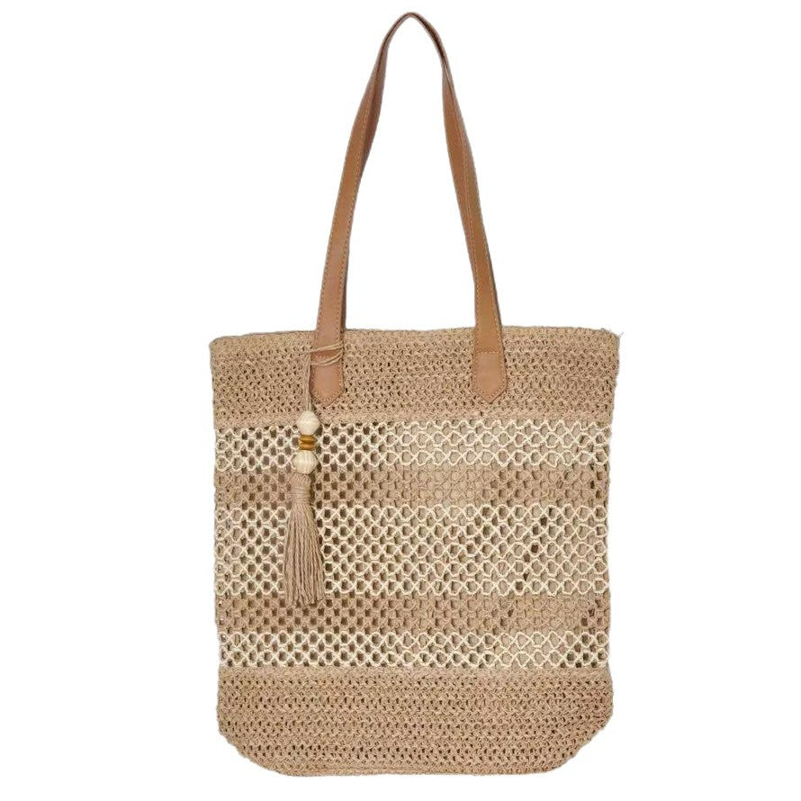 Hollow-Out Color-Block Fringe Woven Bag – Designer Straw Beach Tote, Large Vacation Shoulder Purse