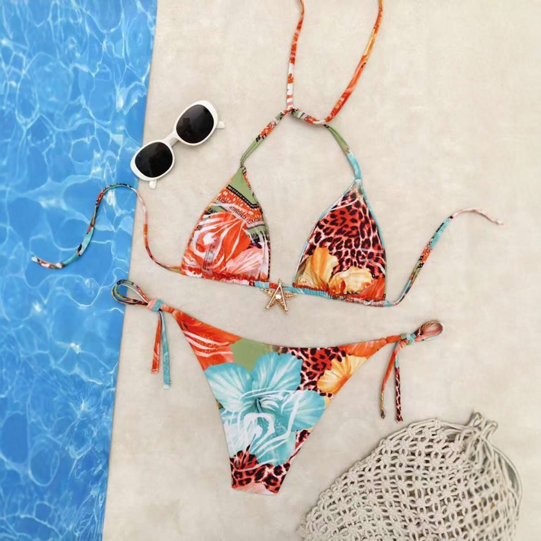 Lace-up Printed Bikini High-end Two-piece Swimsuit Set for Women