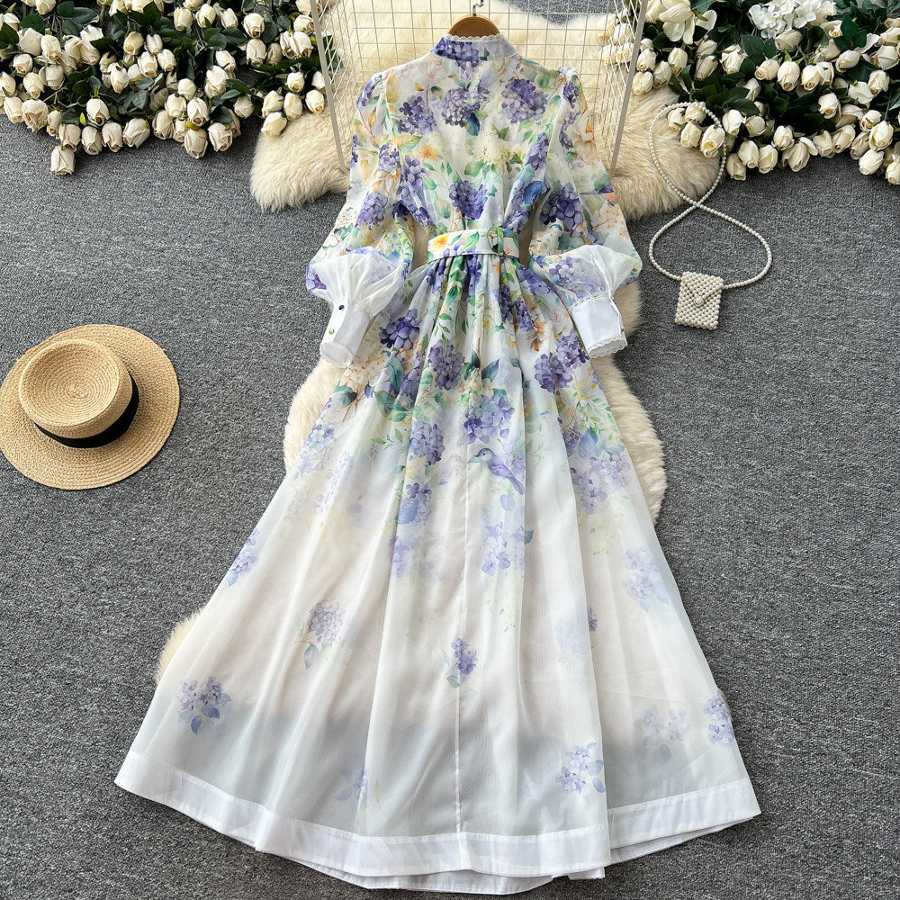 Lace-Trim Printed Dress – Mandarin Collar Long Sleeve Tie-Waist A-Line Maxi, Office Commuter Frock