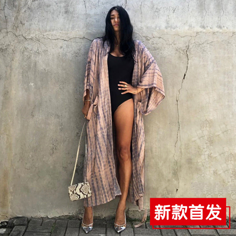 Tie-Front Printed Cardigan Beach Dress ¨C Bikini Cover-Up, Vacation Sun Protection Kimono Dress
