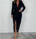 Women's Temperament Sequins Low V-Neck Long Sleeve New Year's Party Dress