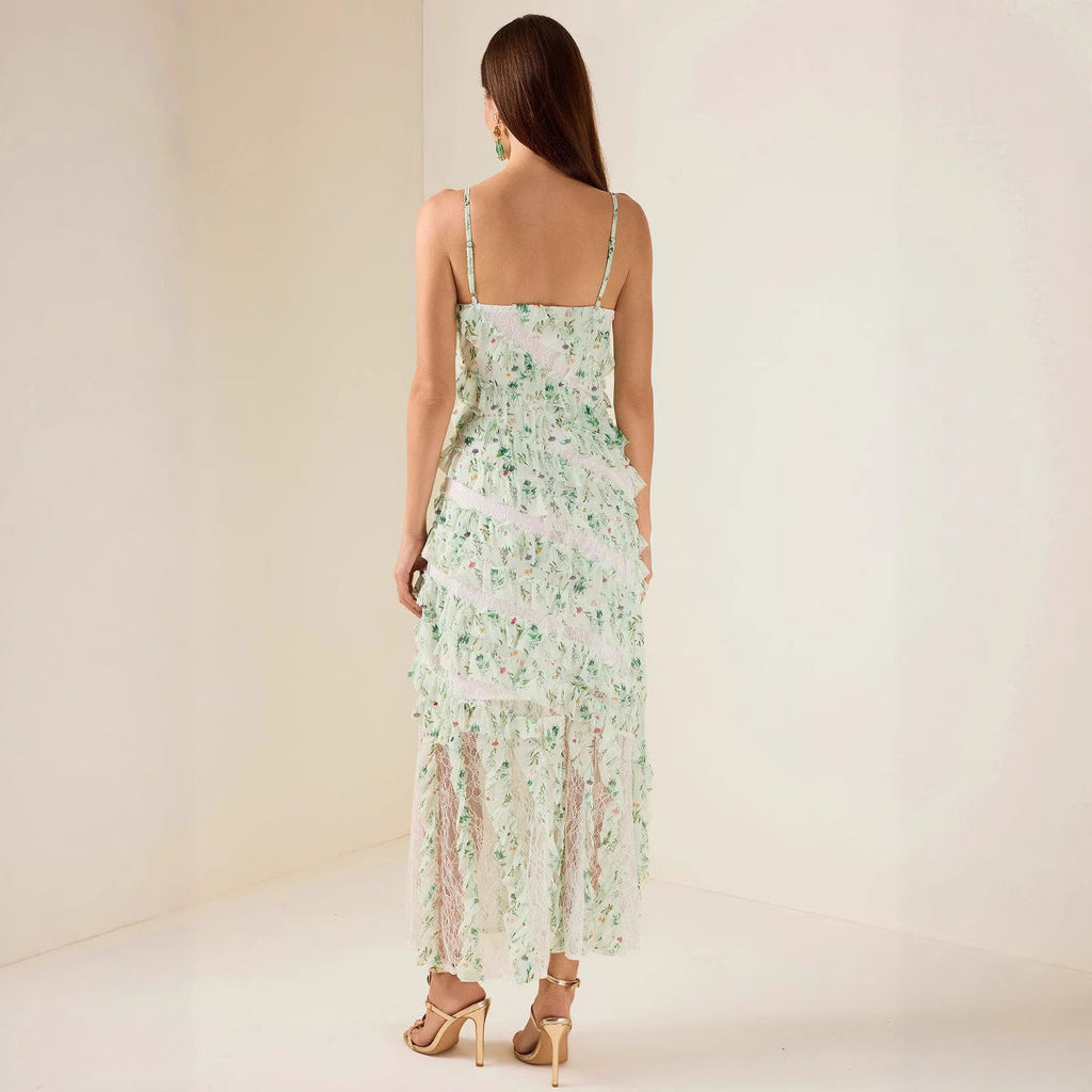 Women's Ruffle Spaghetti Strap Summer Sexy Cover-Up Mesh Long Dress