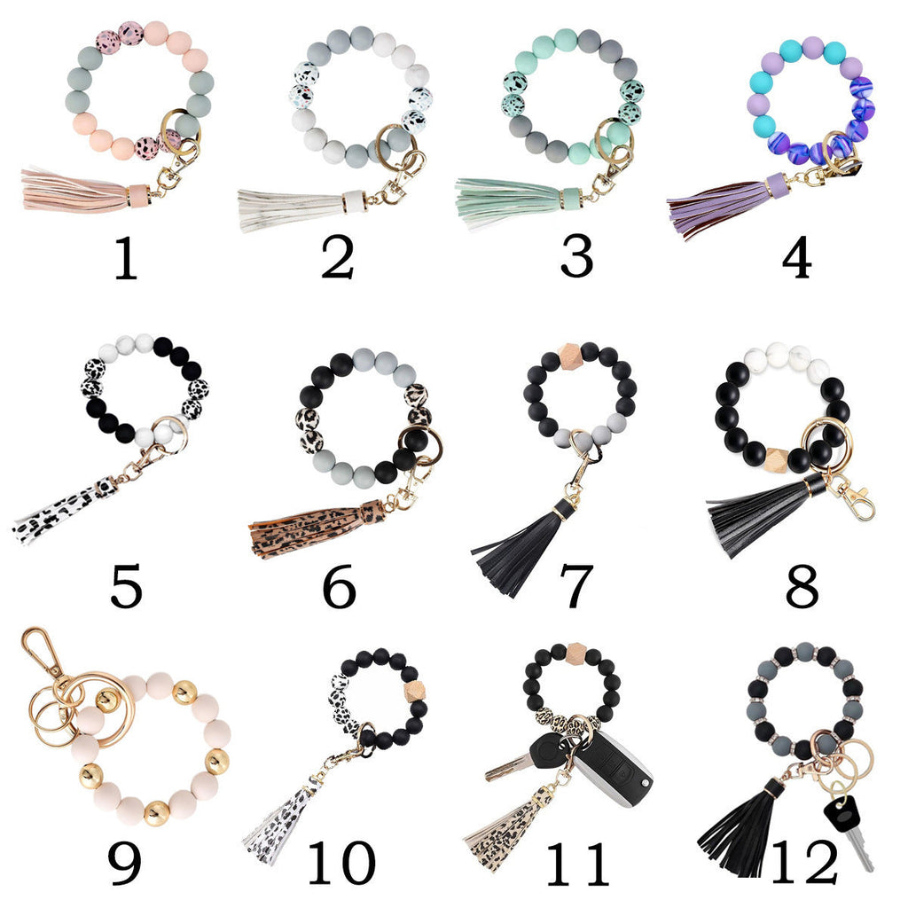PU Tassel Keychain Bag charm Silicone Beaded Keychain Wristlet Key Ring Bracelet Cute Car Key Chain Holder for Women Girls