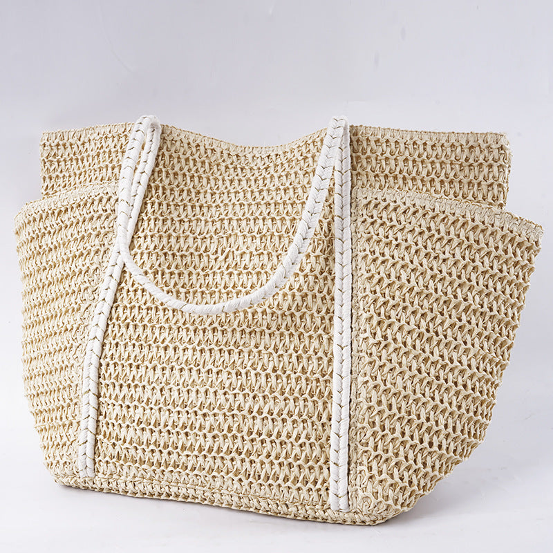 Summer Straw Tote – Women’s Large Shoulder Beach Bag, Patchwork Handwoven Purse