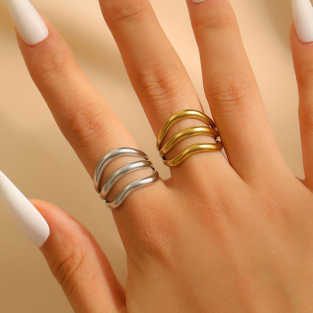 Exaggerated Vintage Stainless Steel Multi-Layer Wavy Ring & Bangle Set Party Banquet