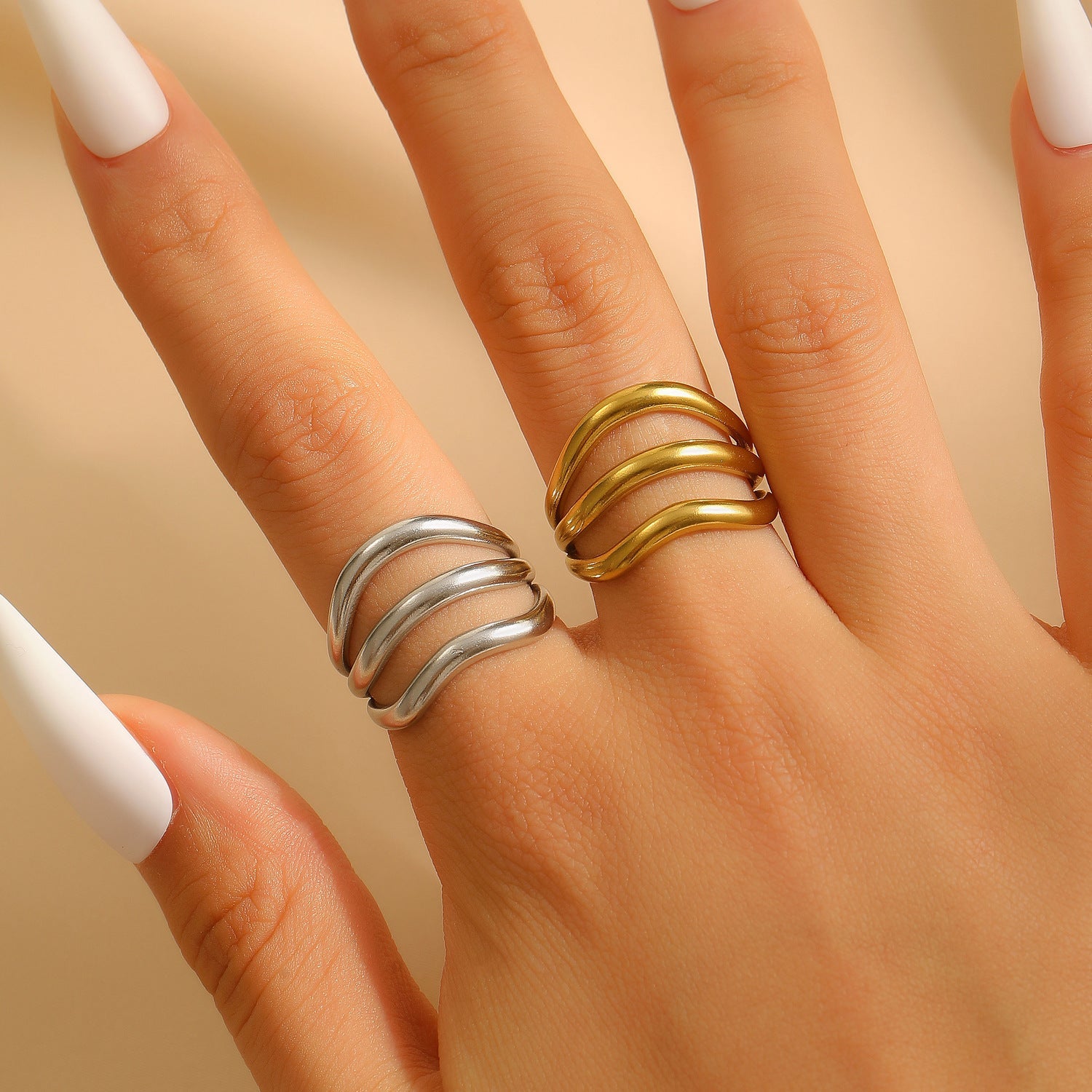 Exaggerated Vintage Stainless Steel Multi-Layer Wavy Ring & Bangle Set Party Banquet