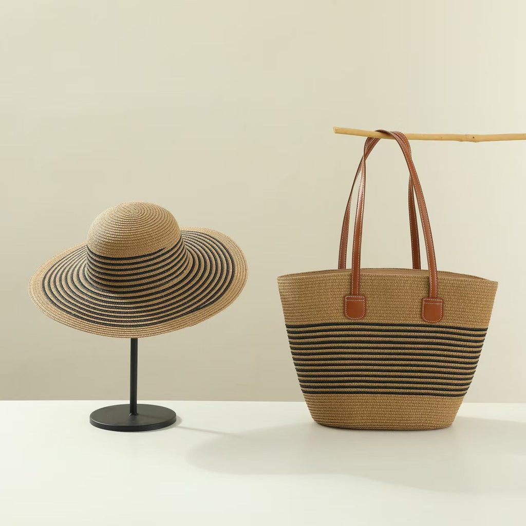 Straw Hat & Tote Two-Piece Set – Wide-Brim Beach Duo, Large Capacity Striped Vacation Kit