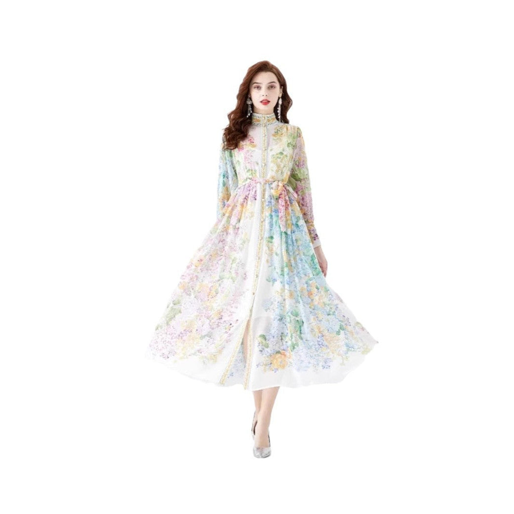 Early Spring Fashion Court Style Dress - Vintage Print Mandarin Collar Long Sleeve Flared Maxi Gown