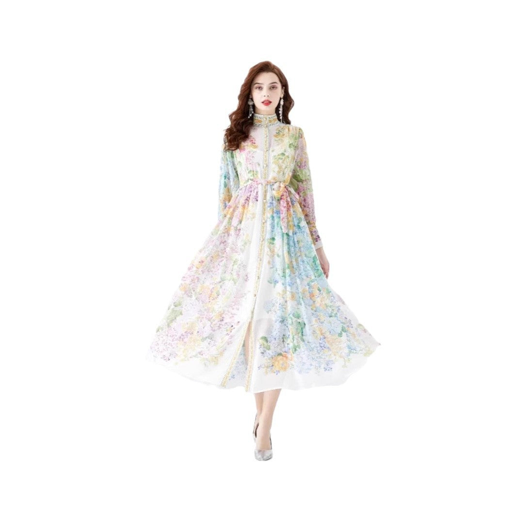 Early Spring Fashion Court Style Dress - Vintage Print Mandarin Collar Long Sleeve Flared Maxi Gown