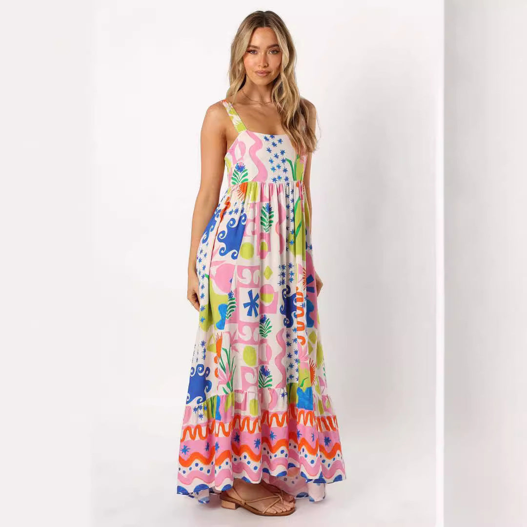 Printed shrinkage pleated splicing long suspender dress positioning flower pendulum skirt